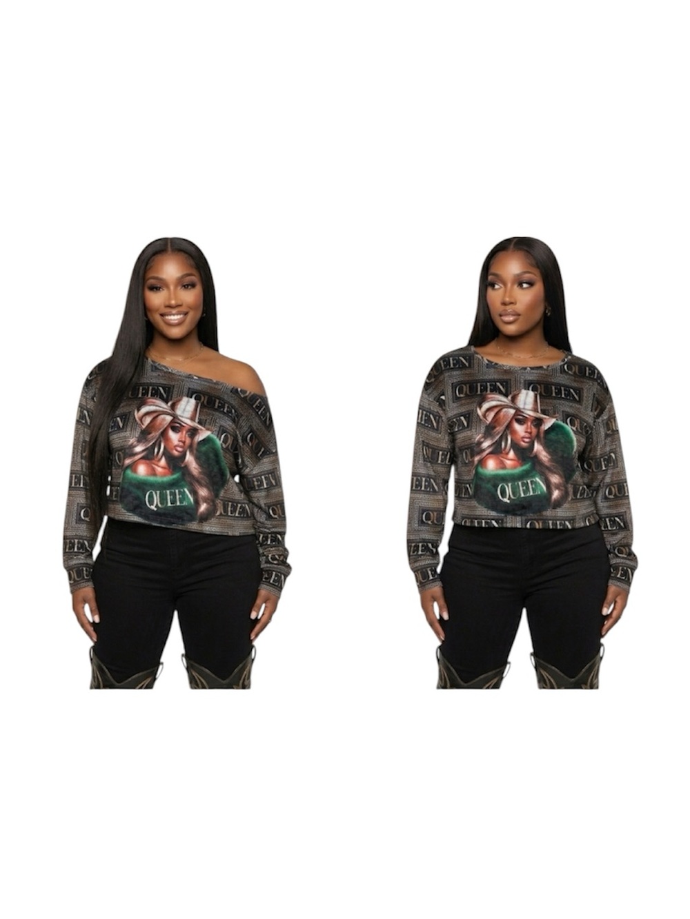Glowup Queen Graphic Cropped Sweatshirt Top Blouse- Gold Green & Black Size 2X